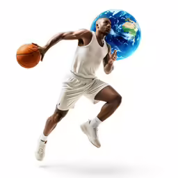a male basketball player in white with a earth on his head and a blue planet behind him