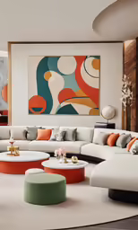 a living room filled with white furniture and paintings