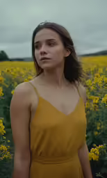 a girl in a mustard dress standing in a field