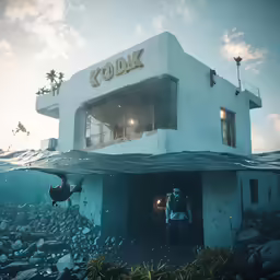 a photo looking into a store building under water