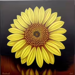 a yellow sunflower on a black reflective surface,a painted image of a yellow flower with orange centers