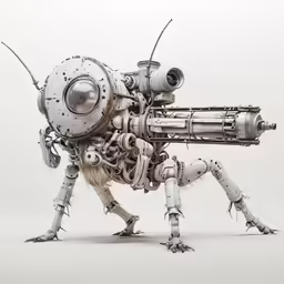 the robot is walking and carrying his machine guns