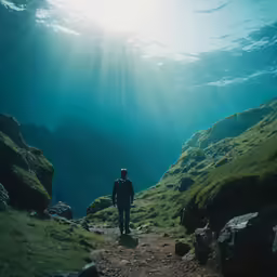 a man on a path that is underwater in the water