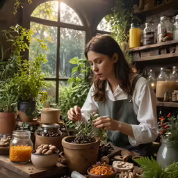 a woman arranging potted plants in a plant shop