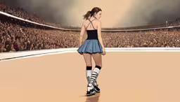 a painting of a girl in short dress standing at a stage,this is a drawing of a girl on skates looking at the stadium