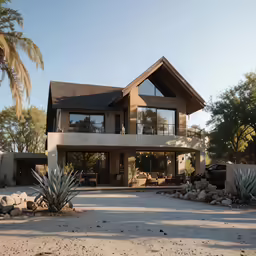 a house with large rocks on the front and side