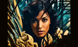 a close up photo of a woman looking into the camera