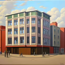 this is a painting of a three story apartment building in the middle of an open space area with two pedestrians walking outside,a painting with people walking in the foreground and buildings with the sky painted light brown and pink