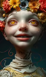 a woman is adorned with flowers and has a smile on her face