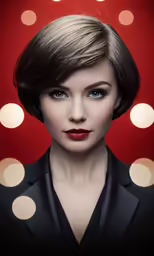 woman in suit with bright red background, all dressed up with lipstick