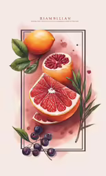 a piece of grapefruit with two slices, leaves and berries