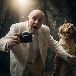 a person taking a photo with a dog and a camera