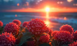 some pink flowers are on a hill next to the ocean
