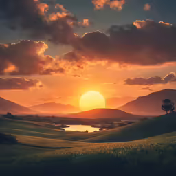 the sun is rising over a grassy field