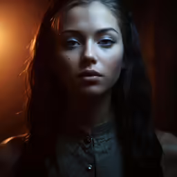 a young woman is staring towards the camera