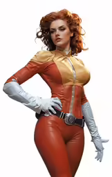 a woman wearing a leather costume and white gloves