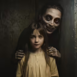 a child in a zombie costume is standing next to an adult