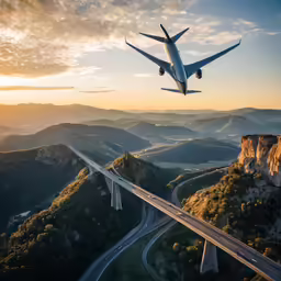 a large jetliner flying over a lush green hillside
