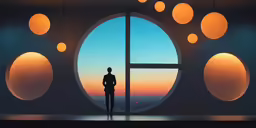 a person standing in front of a window with round lights