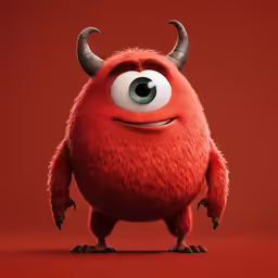 an animated red cartoon character with large horns