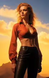 a woman in a shirt and pants posing on a mountain