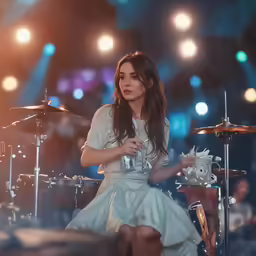 a woman sits on a stage and performs with her drums