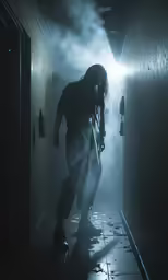 a woman walking out of a dark hallway with her back to the camera