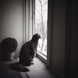 a cat sitting on a windowsill looking out the window