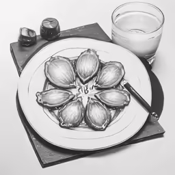 a plate that has some fruits and glass of water on it