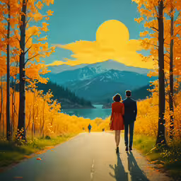 an artistic photo of two people walking down a road in the sun,a couple is walking down the road while holding hands