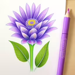 a colored pencil drawing of a purple flower,drawing of an ornate purple flower with green leaves and water color pencils,a drawing of a flower with purple petals and green leaves,a flower drawing with colored pencils on top,drawing of purple flowers on paper with a pencil