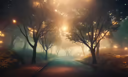 lights shining from the sky and down trees on a path