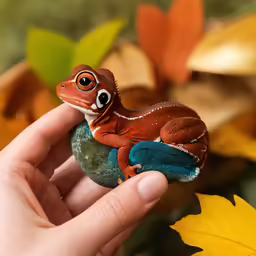 the hand is holding a small animal in front of leaves