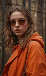 a woman with a red coat and sunglasses on