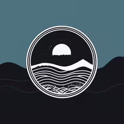a white and black circle with a wave in the middle,an image of the sun and water with mountains in the background