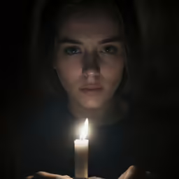 the woman holds a lit candle in her hands