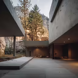 an empty courtyard with stairs and trees