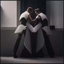 a man and woman stand in front of a sculpture made of black and white paper