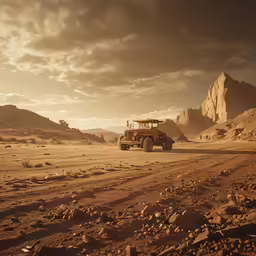 a yellow jeep driving through a barren, rocky terrain