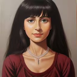 an image of a girl in her painting style,an oil painting of a woman with a choker necklace,painting of a woman with a necklace and earrings on,a painting of a woman wearing a diamond necklace,an oil painting of a woman in a dress and diamond choker