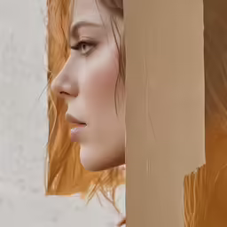 a young woman with red hair has her face peeking out from the wall