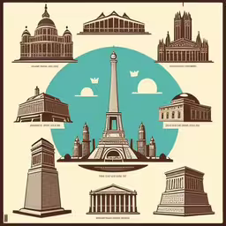 the eiffel tower has been illustrated on it,some architectural buildings are depicted in a stylized style