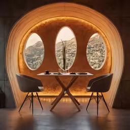 two chairs around a table with a view through round windows