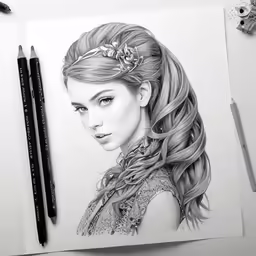 drawing pencils and a photo of a beautiful young lady with long hair