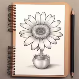 a pencil drawing of a flower in a vase,a drawing of a sunflower sitting in a vase