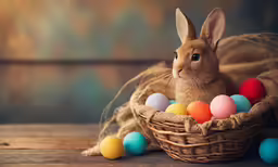 an adorable rabbit in front of a basket filled with eggs