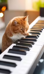 an orange cat is sitting on a piano keyboard