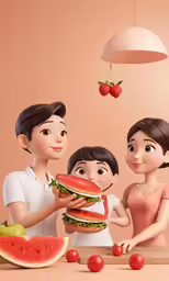 family standing in front of a watermelon mural