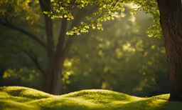 the sun shines through trees in a grassy area