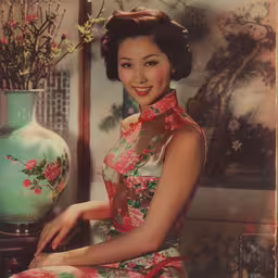 a woman in floral dress standing by a vase with flowers,a woman posing next to a vase with flowers